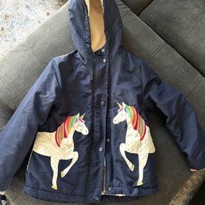 Mini Boden Unicorn Sherpa Lined Navy Blue Rainbow Girls Size 7-8yrs